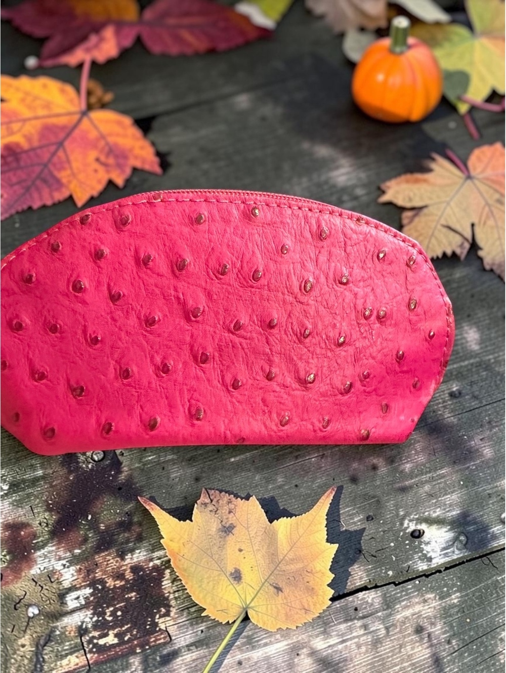 Made in Italy Genuine Leather Hot Pink Ostrich Embossed Cosmetic Bag Pouch
